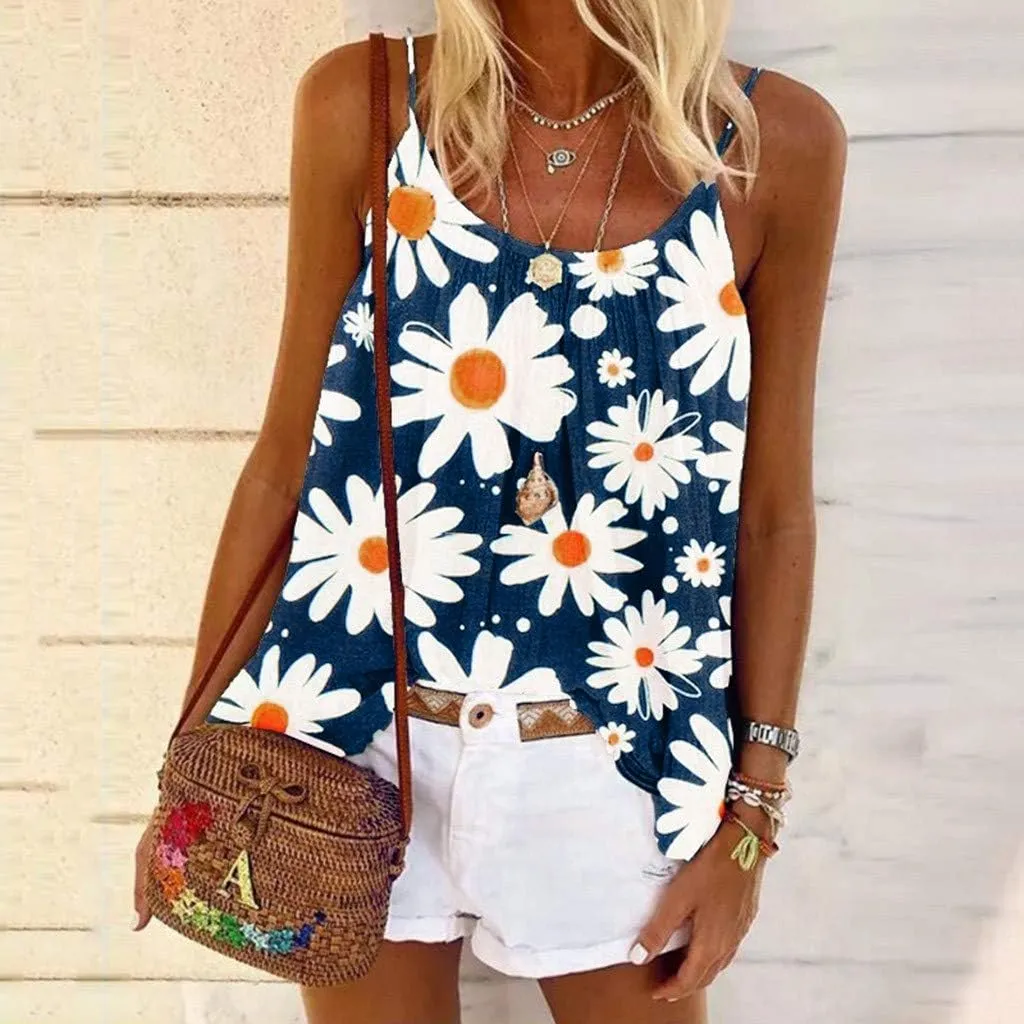 Boho Tank Tops for Women Dasiy Printed Loose Fit Flowy Cami Shirts Lightweight Summer Cute Beach Outfits Trendy