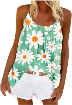 Boho Tank Tops for Women Dasiy Printed Loose Fit Flowy Cami Shirts Lightweight Summer Cute Beach Outfits Trendy
