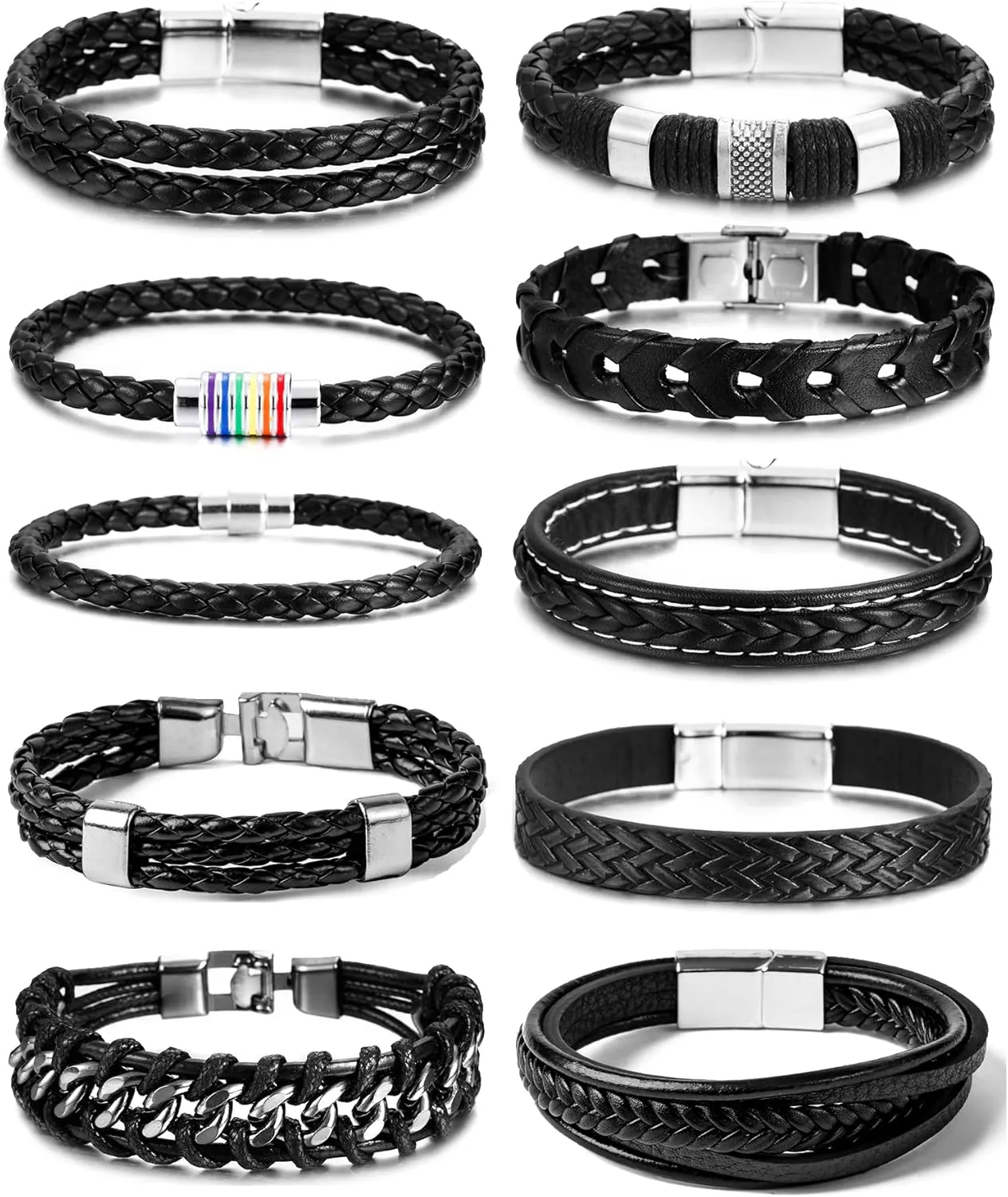 BOMAIL 10Pcs Black Leather Bracelets for Men Women Braided Leather Wristband Cuff Bracelets Punk Leather Bracelets Set