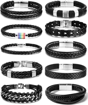 BOMAIL 10Pcs Black Leather Bracelets for Men Women Braided Leather Wristband Cuff Bracelets Punk Leather Bracelets Set