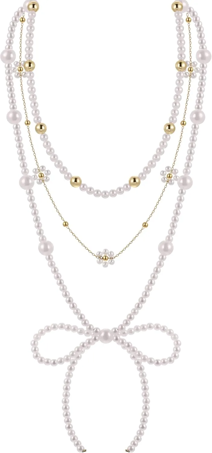 BOMAIL Imitation Navajo Pearl Bow Necklace Set for Women Handmade Imitation Pearl Beaded Necklaces Vintage Western Native Beaded Necklaces Jewelry