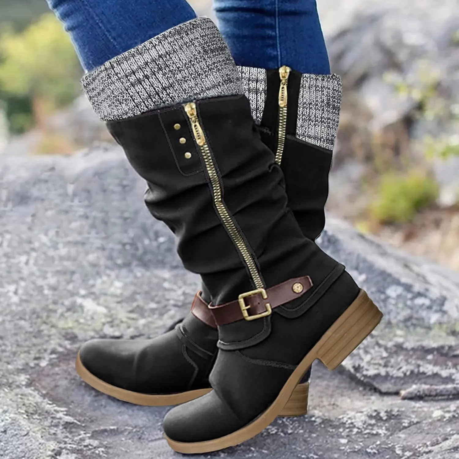 Booties for Women Low Heel Flat Boots Women Chunky Brown Boots Work Boots Black Ankle Boots for Women with Heel Comfort Womens Ankle Booties Low Heel Brown