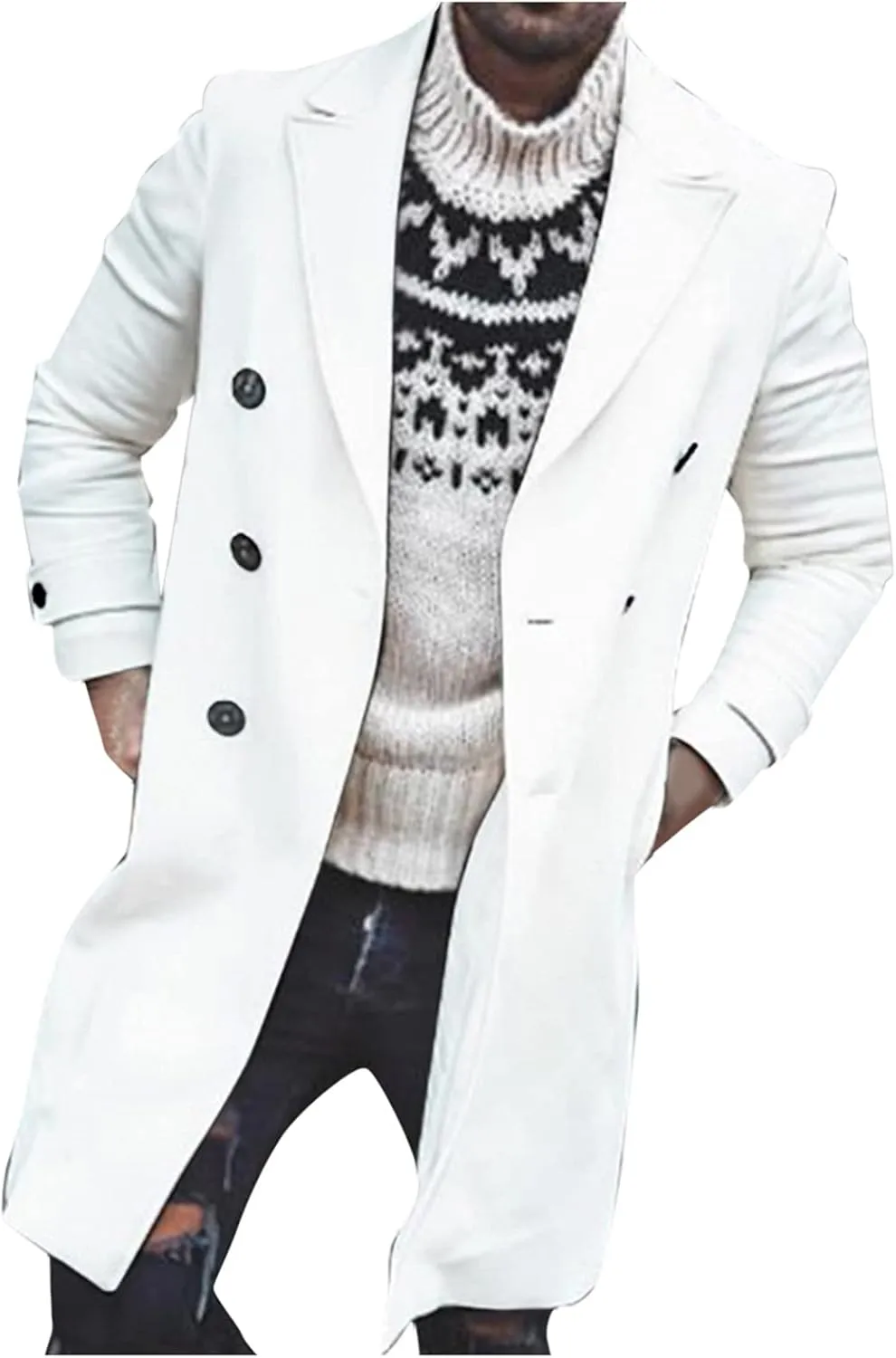 Burband Mens Double Breasted Woolen Trench Coats Slim Fit Notch Lapel Pea Overcoats Winter Stylish Business Long Jackets