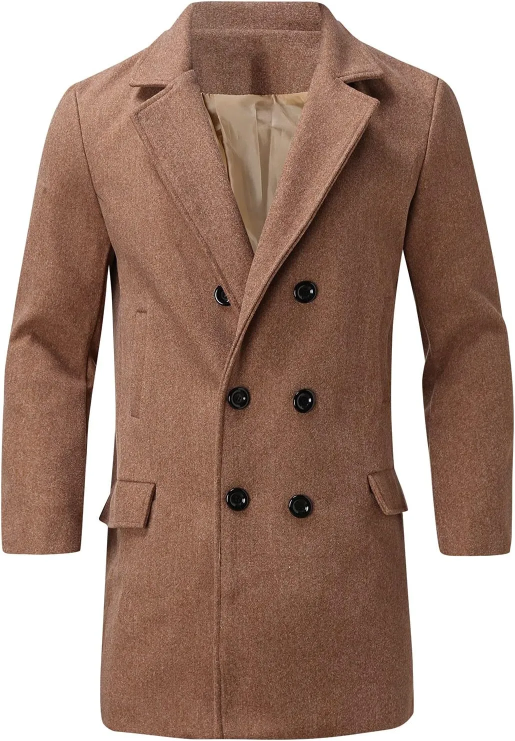 Burband Mens Double Breasted Woolen Trench Coats Slim Fit Notch Lapel Pea Overcoats Winter Stylish Business Long Jackets