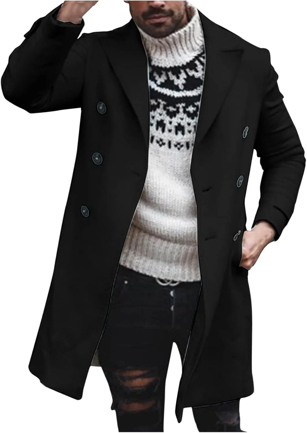 Burband Mens Double Breasted Woolen Trench Coats Slim Fit Notch Lapel Pea Overcoats Winter Stylish Business Long Jackets