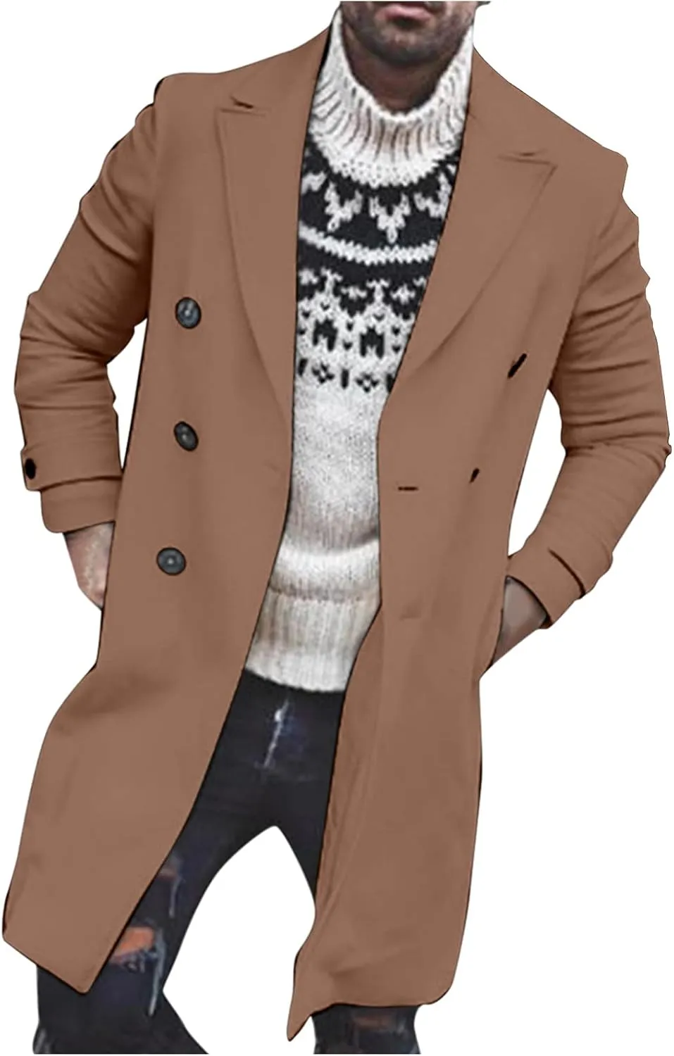 Burband Mens Double Breasted Woolen Trench Coats Slim Fit Notch Lapel Pea Overcoats Winter Stylish Business Long Jackets