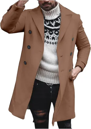 Burband Mens Double Breasted Woolen Trench Coats Slim Fit Notch Lapel Pea Overcoats Winter Stylish Business Long Jackets