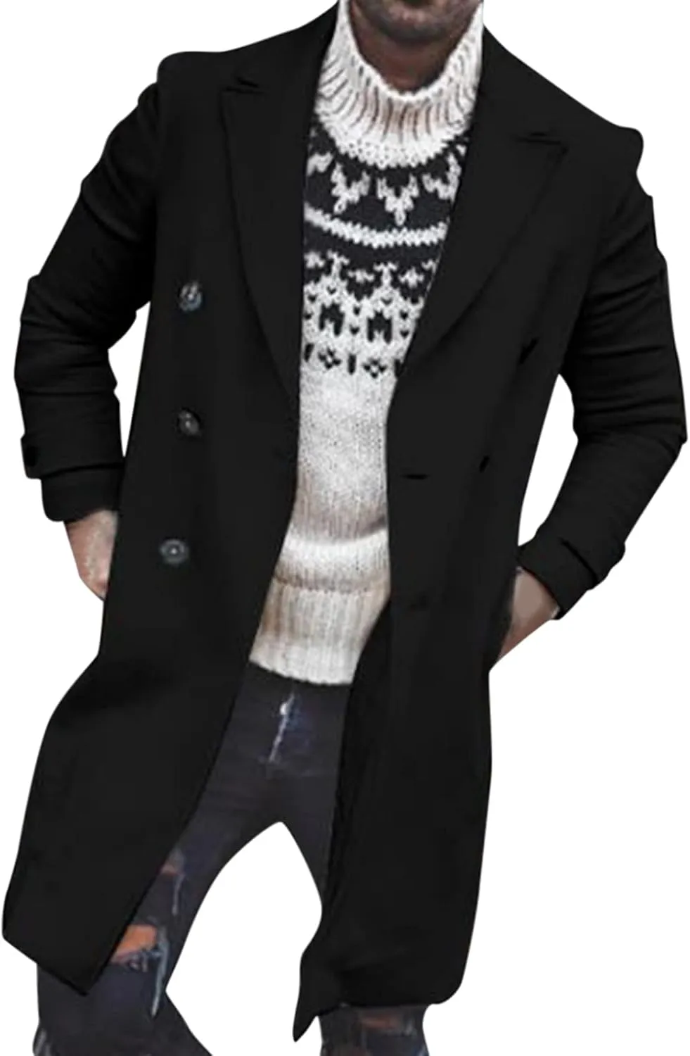 Burband Mens Double Breasted Woolen Trench Coats Slim Fit Notch Lapel Pea Overcoats Winter Stylish Business Long Jackets