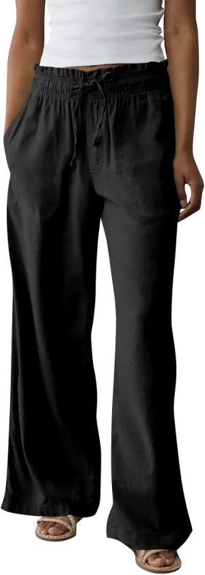 Business Casual Pants for Women Summer Drawstring High Waisted Linen Pants Comfy Cotton Linen Trousers with Pockets
