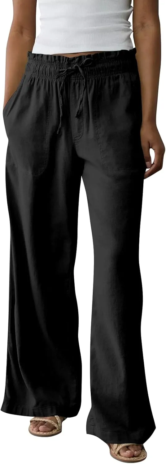 Business Casual Pants for Women Summer Drawstring High Waisted Linen Pants Comfy Cotton Linen Trousers with Pockets