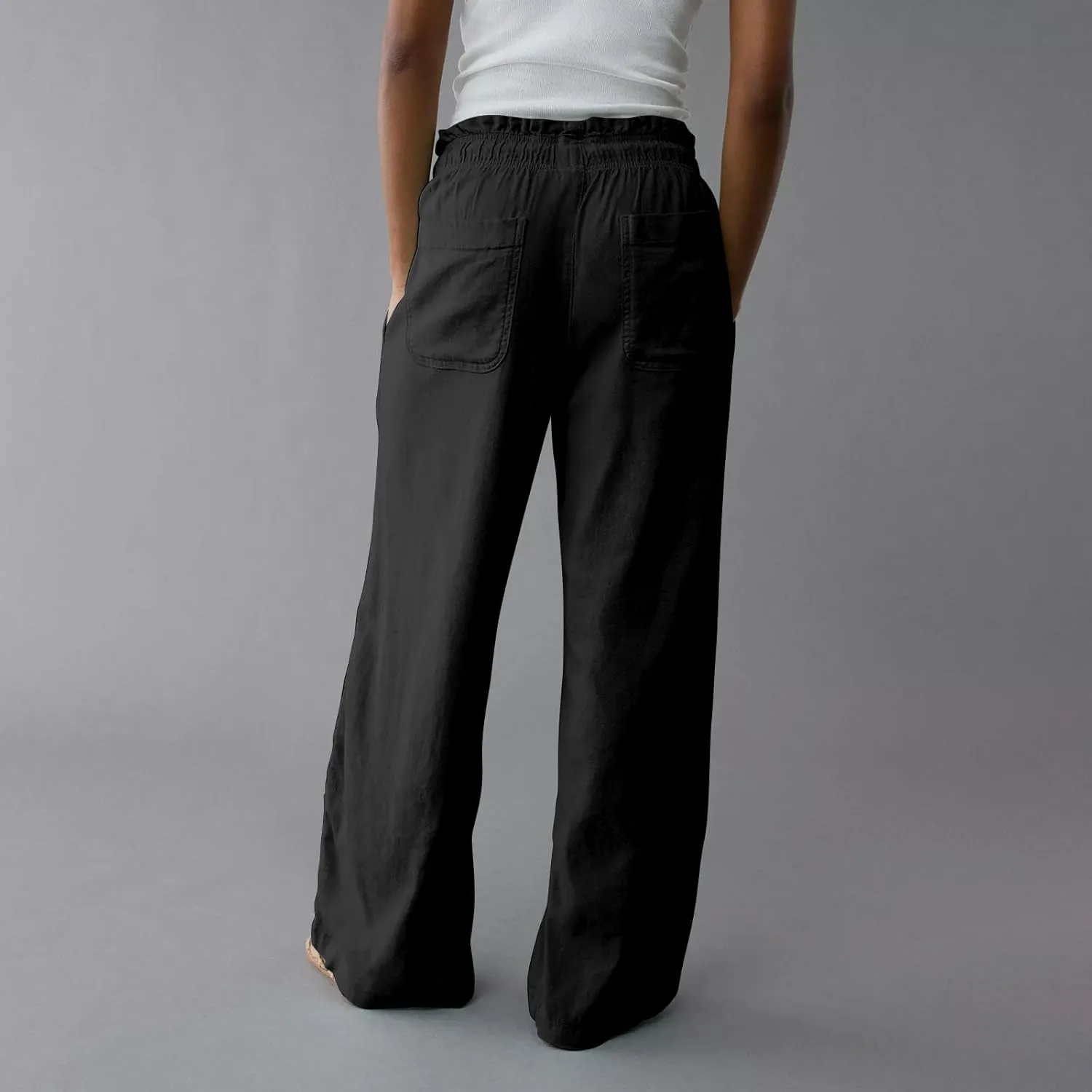 Business Casual Pants for Women Summer Drawstring High Waisted Linen Pants Comfy Cotton Linen Trousers with Pockets
