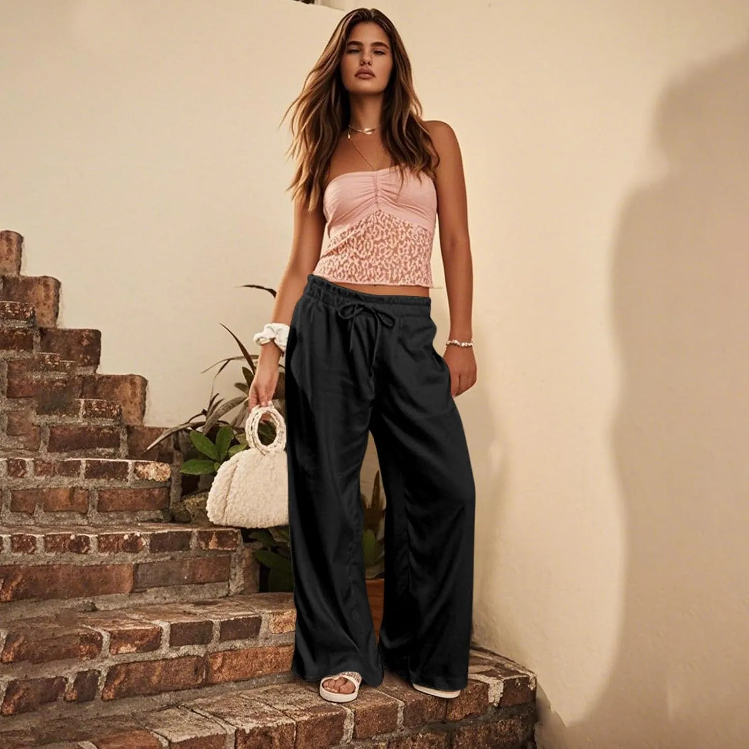 Business Casual Pants for Women Summer Drawstring High Waisted Linen Pants Comfy Cotton Linen Trousers with Pockets