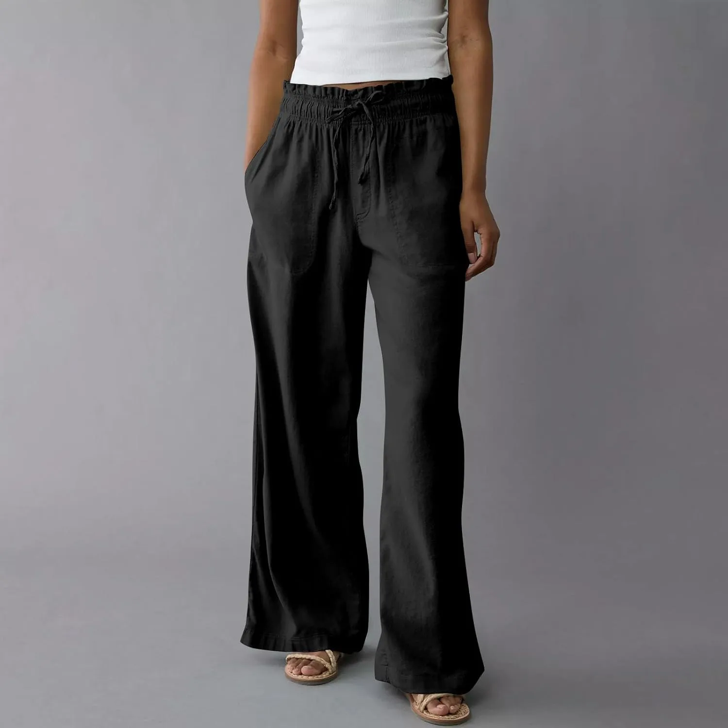 Business Casual Pants for Women Summer Drawstring High Waisted Linen Pants Comfy Cotton Linen Trousers with Pockets