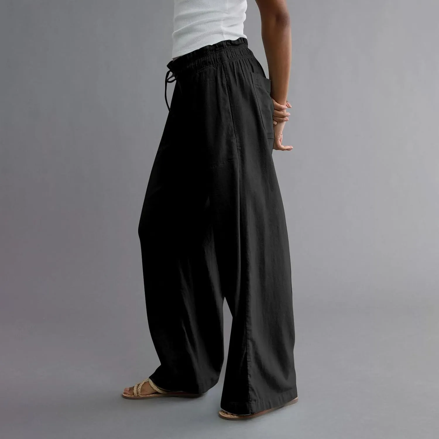 Business Casual Pants for Women Summer Drawstring High Waisted Linen Pants Comfy Cotton Linen Trousers with Pockets
