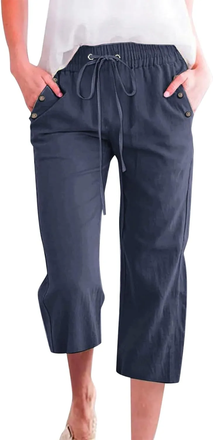 Capri Pants for Women Summer Drawstring Elastic High Waist Linen Trousers Straight Wide Leg Lounge Beach Shorts