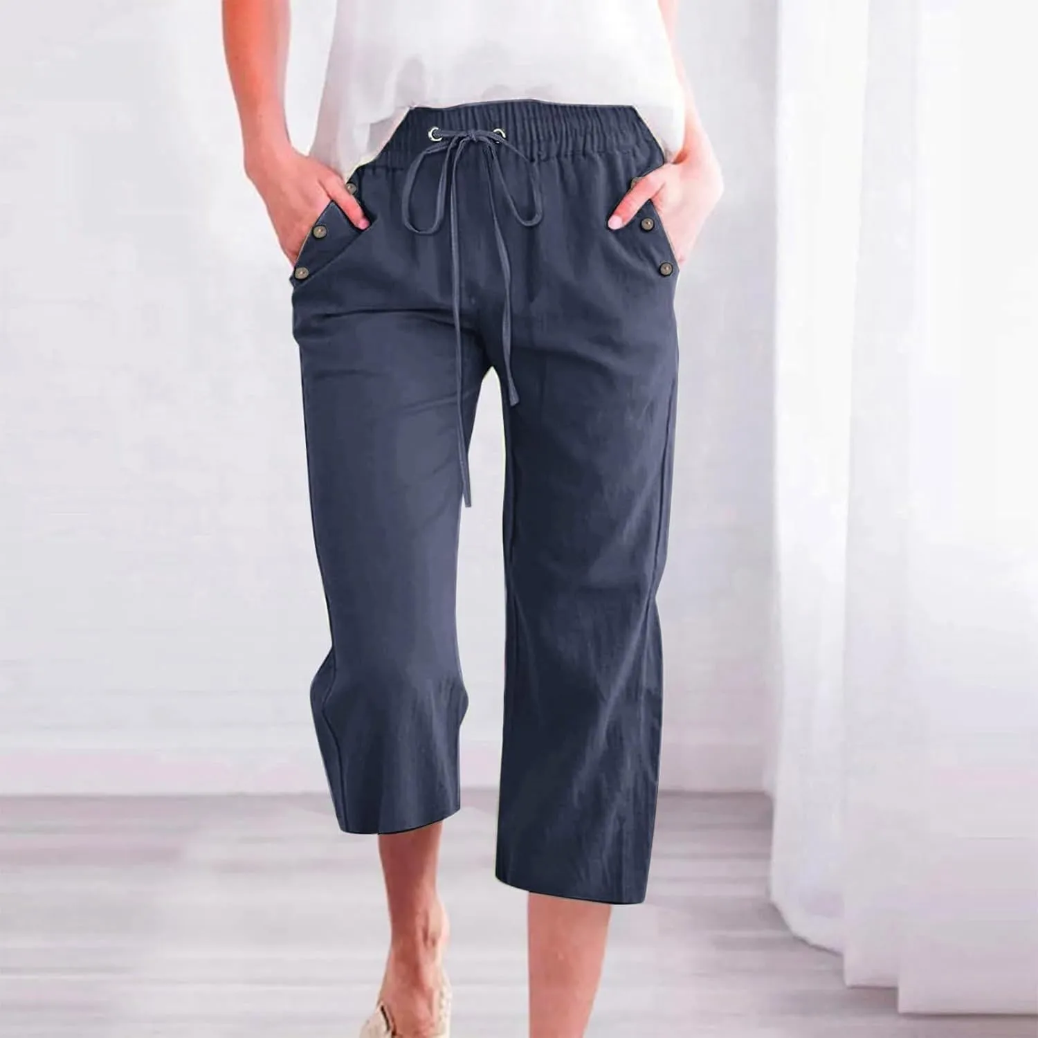 Capri Pants for Women Summer Drawstring Elastic High Waist Linen Trousers Straight Wide Leg Lounge Beach Shorts