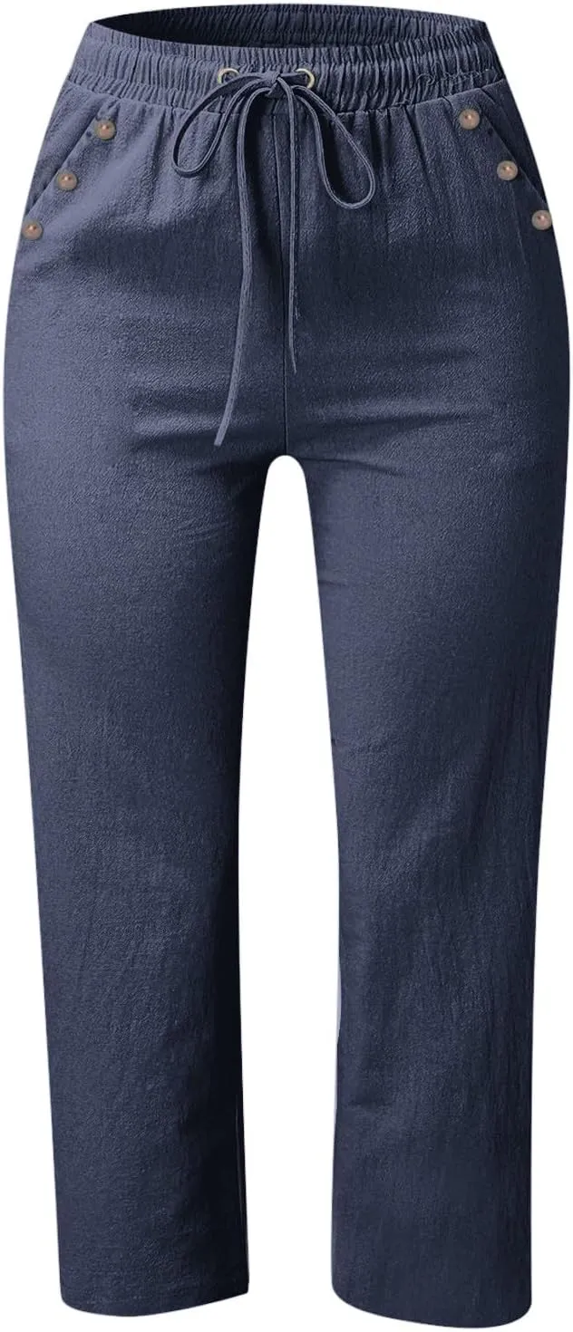 Capri Pants for Women Summer Drawstring Elastic High Waist Linen Trousers Straight Wide Leg Lounge Beach Shorts