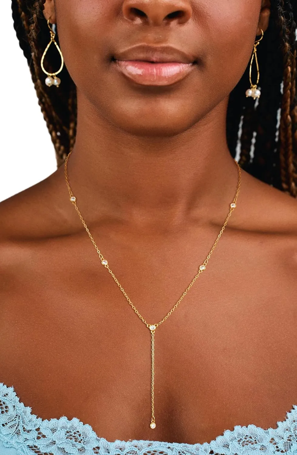 CAROVO Gold Necklace for Women Dainty Long Necklace 14K Gold/Silver Lariat Y-Shaped Pendant Necklaces Trendy Layered Lip Cubic Zirconia Beaded Chain Drop Necklaces Jewelry for Women Gifts