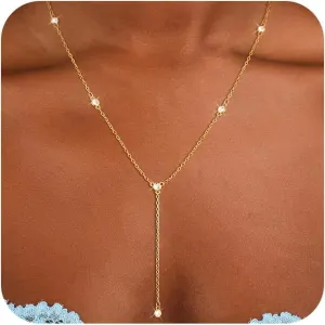 CAROVO Gold Necklace for Women Dainty Long Necklace 14K Gold/Silver Lariat Y-Shaped Pendant Necklaces Trendy Layered Lip Cubic Zirconia Beaded Chain Drop Necklaces Jewelry for Women Gifts