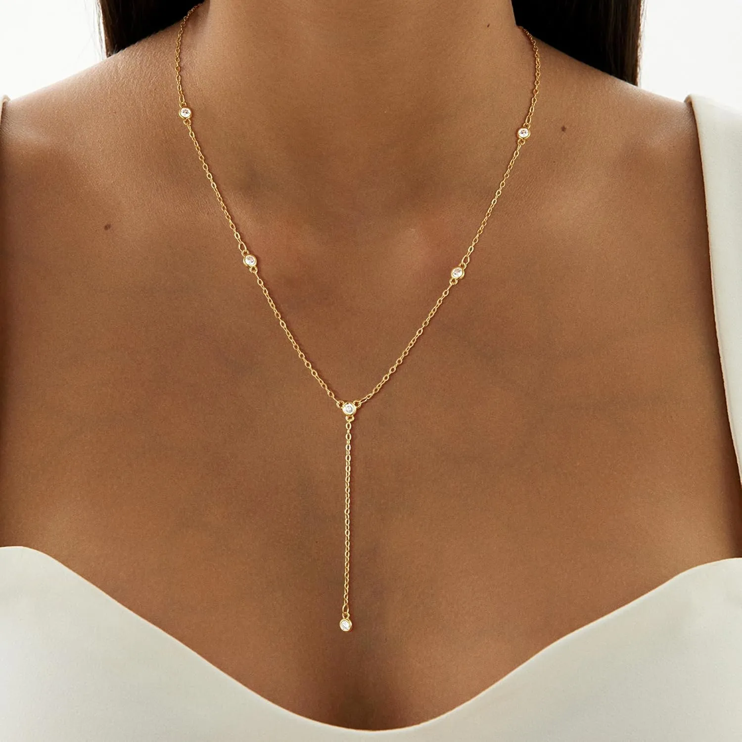 CAROVO Gold Necklace for Women Dainty Long Necklace 14K Gold/Silver Lariat Y-Shaped Pendant Necklaces Trendy Layered Lip Cubic Zirconia Beaded Chain Drop Necklaces Jewelry for Women Gifts