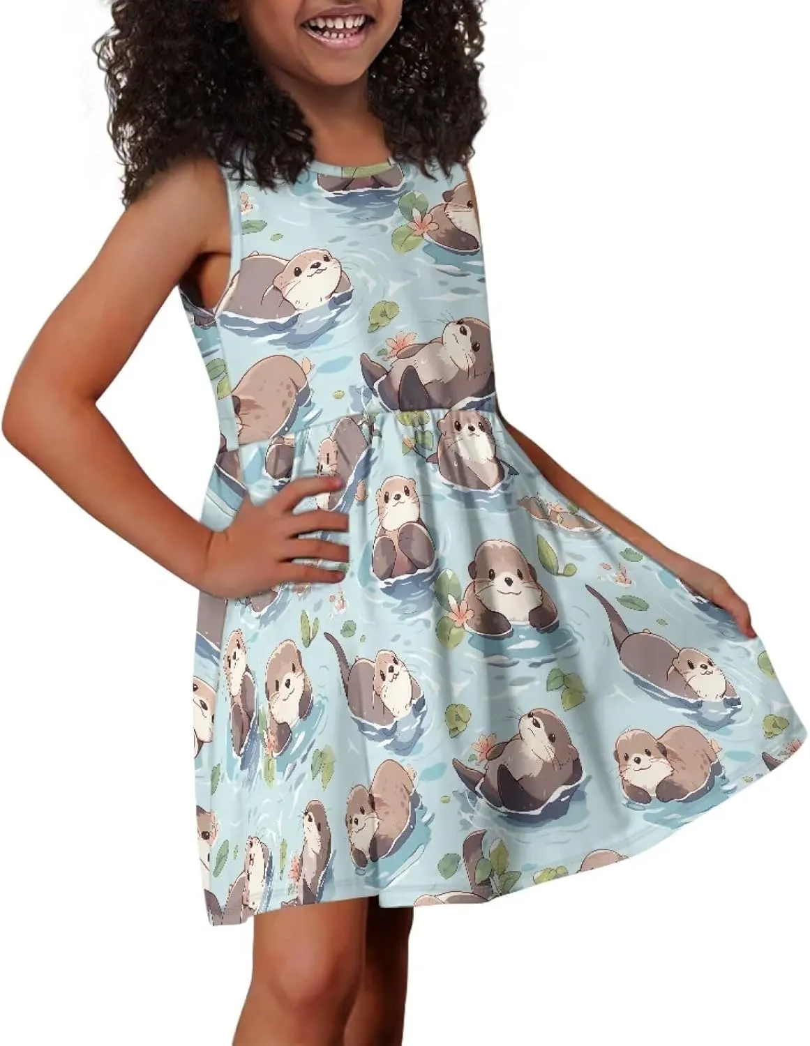 Casual Sleeveless Summer Skater Dress for Girl Loose Swing Cute Print Sundress with Pockets