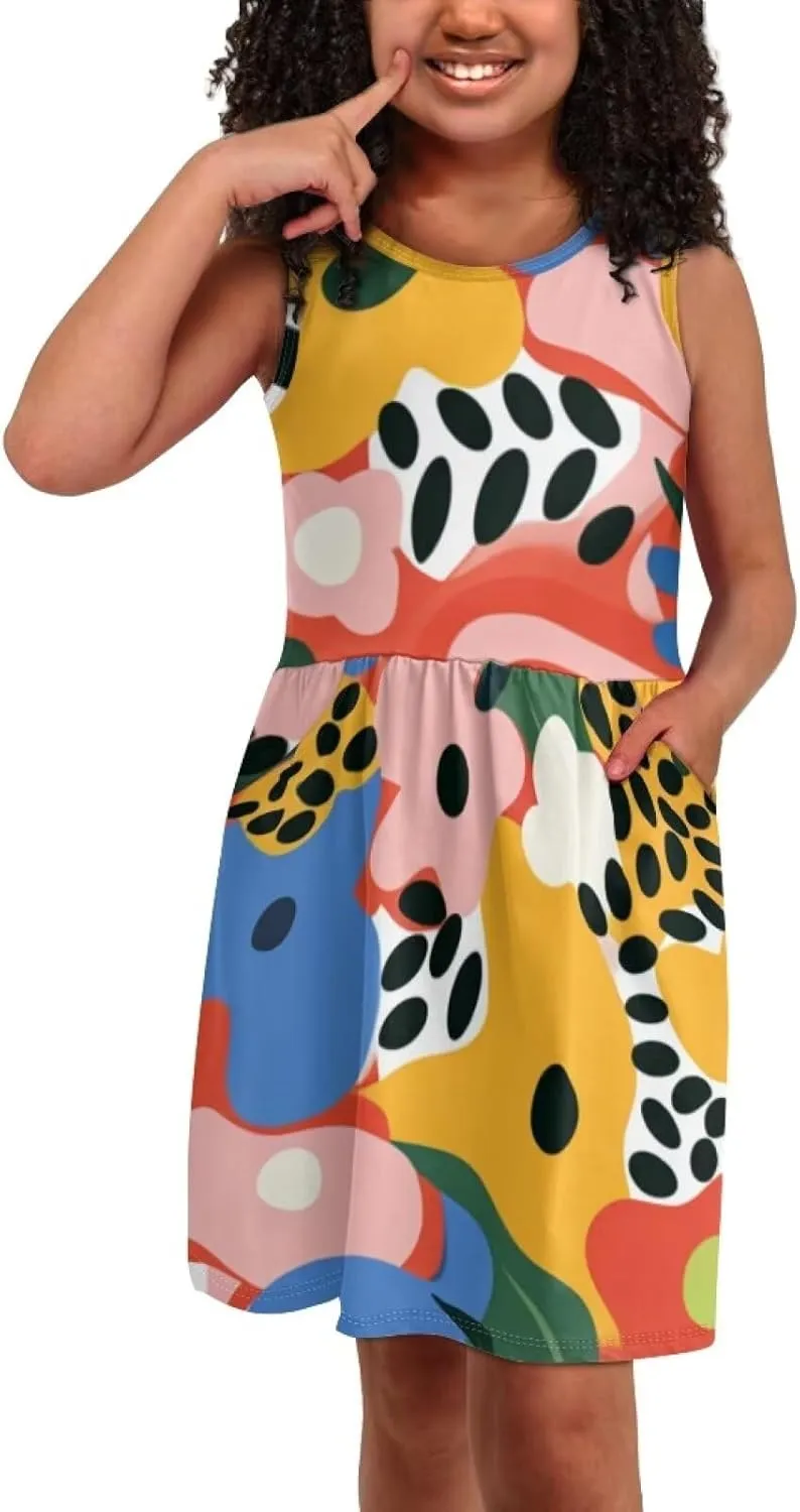 Casual Sleeveless Summer Skater Dress for Girl Loose Swing Cute Print Sundress with Pockets