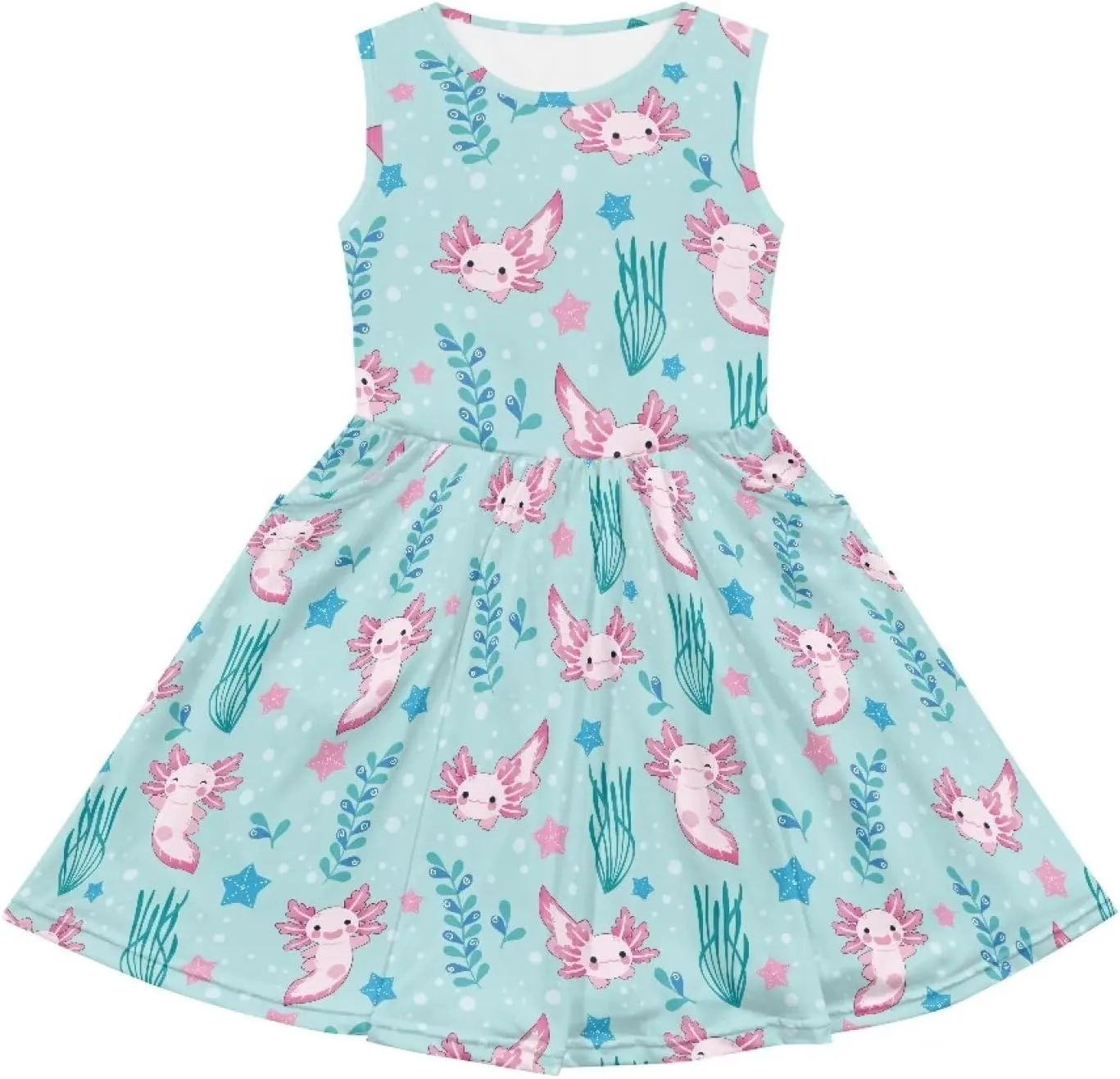 Casual Sleeveless Summer Skater Dress for Girl Loose Swing Cute Print Sundress with Pockets
