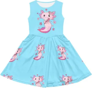 Casual Sleeveless Summer Skater Dress for Girl Loose Swing Cute Print Sundress with Pockets