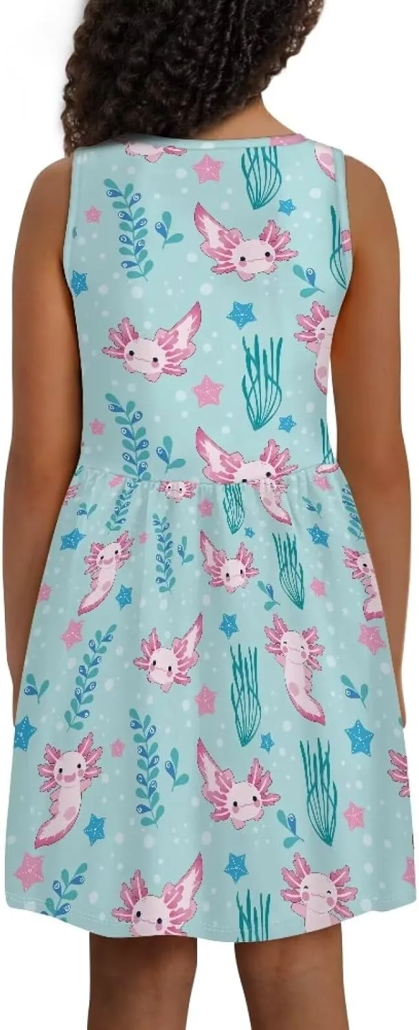Casual Sleeveless Summer Skater Dress for Girl Loose Swing Cute Print Sundress with Pockets