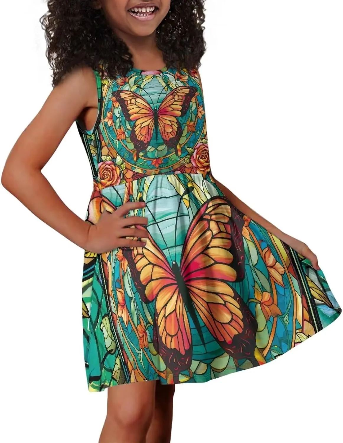 Casual Sleeveless Summer Skater Dress for Girl Loose Swing Cute Print Sundress with Pockets