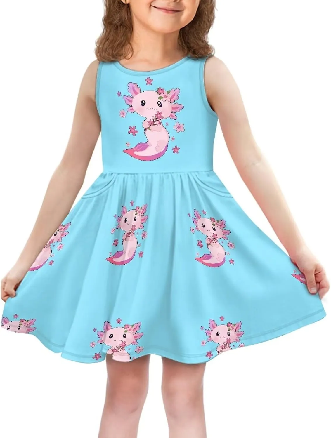 Casual Sleeveless Summer Skater Dress for Girl Loose Swing Cute Print Sundress with Pockets