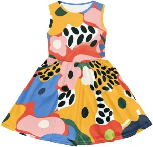 Casual Sleeveless Summer Skater Dress for Girl Loose Swing Cute Print Sundress with Pockets