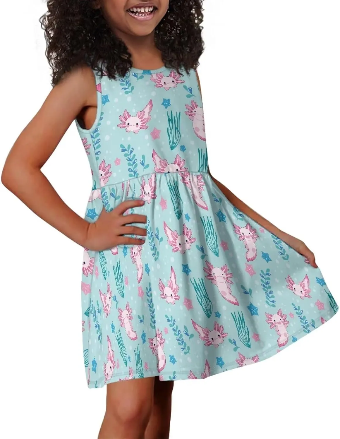 Casual Sleeveless Summer Skater Dress for Girl Loose Swing Cute Print Sundress with Pockets