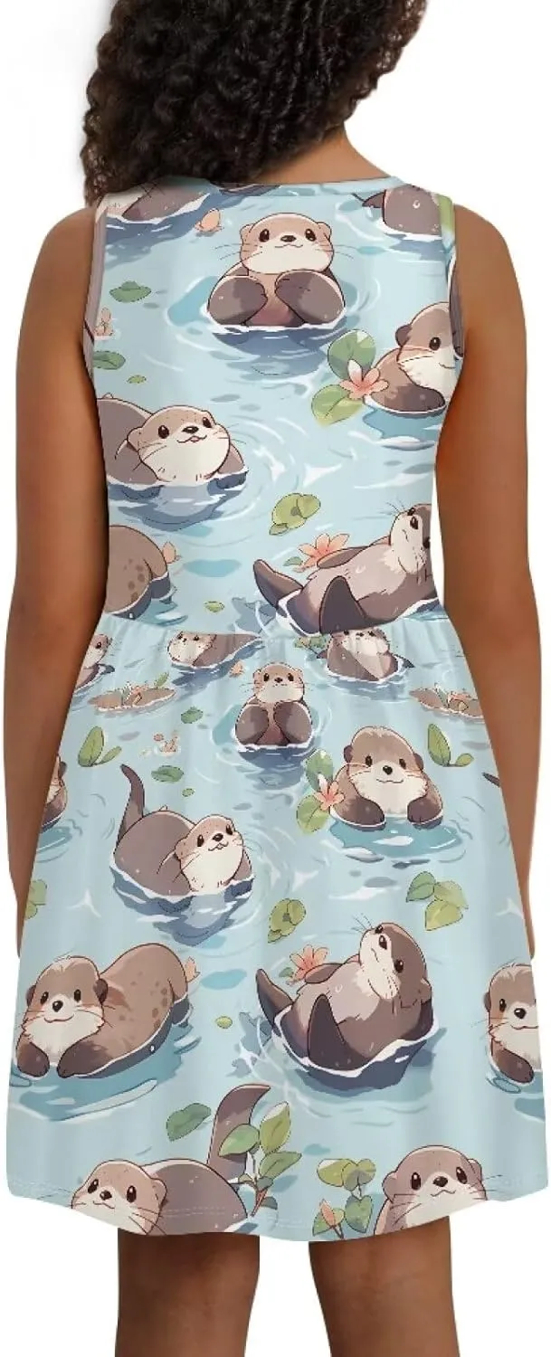 Casual Sleeveless Summer Skater Dress for Girl Loose Swing Cute Print Sundress with Pockets