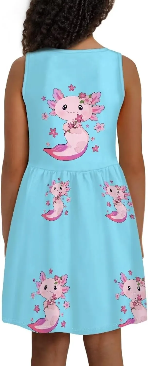 Casual Sleeveless Summer Skater Dress for Girl Loose Swing Cute Print Sundress with Pockets