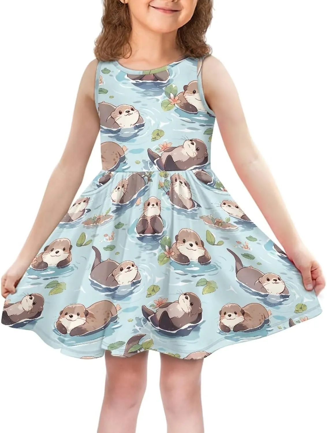 Casual Sleeveless Summer Skater Dress for Girl Loose Swing Cute Print Sundress with Pockets