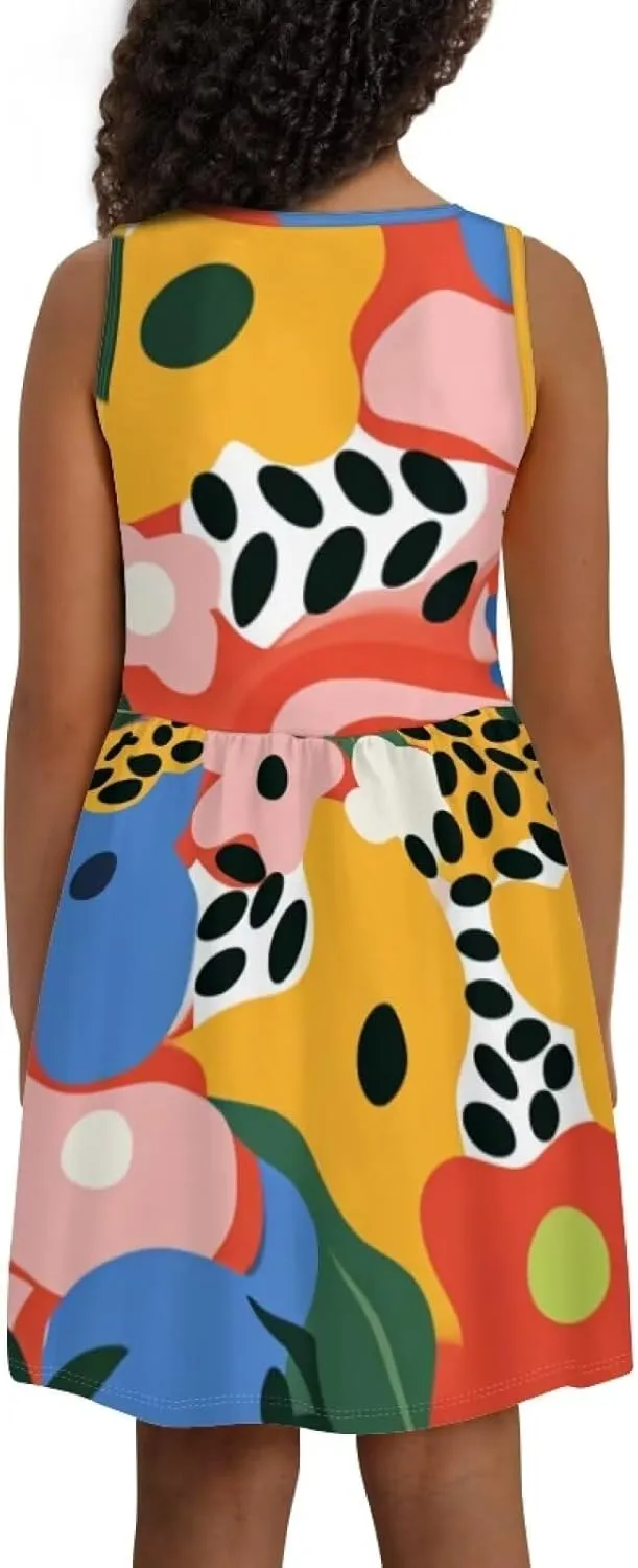 Casual Sleeveless Summer Skater Dress for Girl Loose Swing Cute Print Sundress with Pockets