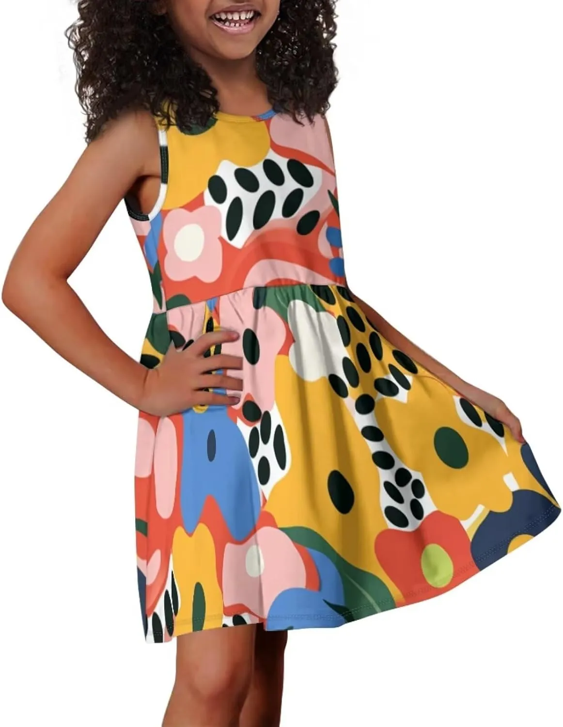 Casual Sleeveless Summer Skater Dress for Girl Loose Swing Cute Print Sundress with Pockets