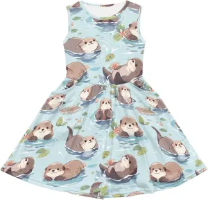 Casual Sleeveless Summer Skater Dress for Girl Loose Swing Cute Print Sundress with Pockets