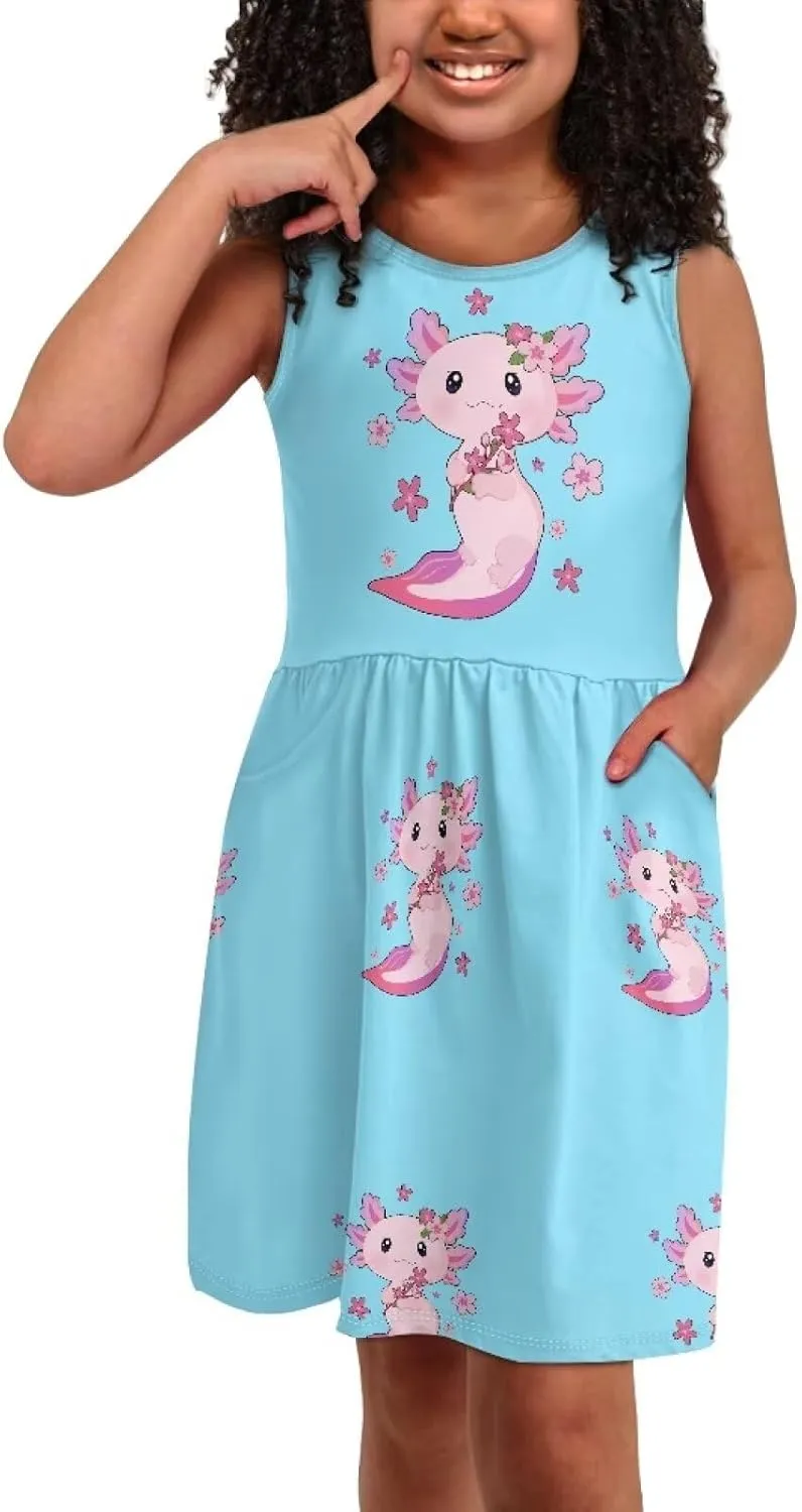 Casual Sleeveless Summer Skater Dress for Girl Loose Swing Cute Print Sundress with Pockets