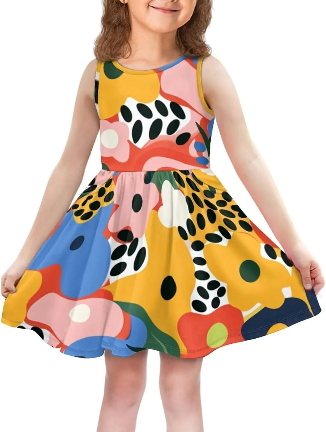 Casual Sleeveless Summer Skater Dress for Girl Loose Swing Cute Print Sundress with Pockets