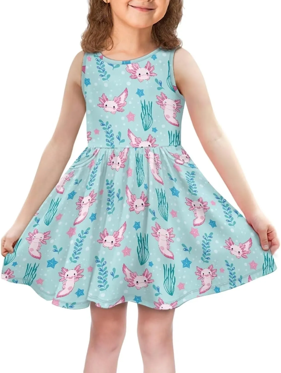 Casual Sleeveless Summer Skater Dress for Girl Loose Swing Cute Print Sundress with Pockets
