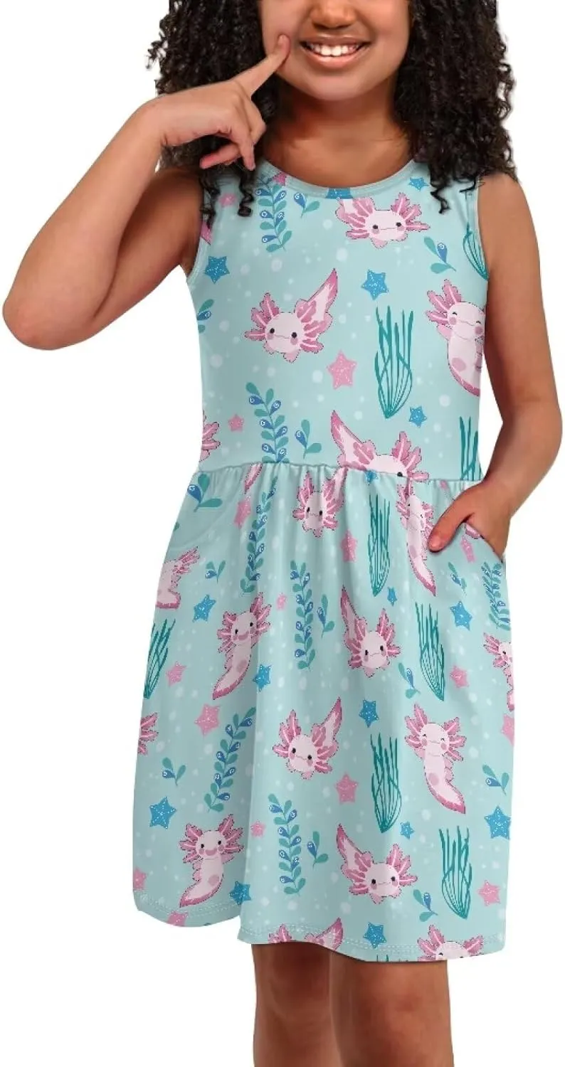 Casual Sleeveless Summer Skater Dress for Girl Loose Swing Cute Print Sundress with Pockets