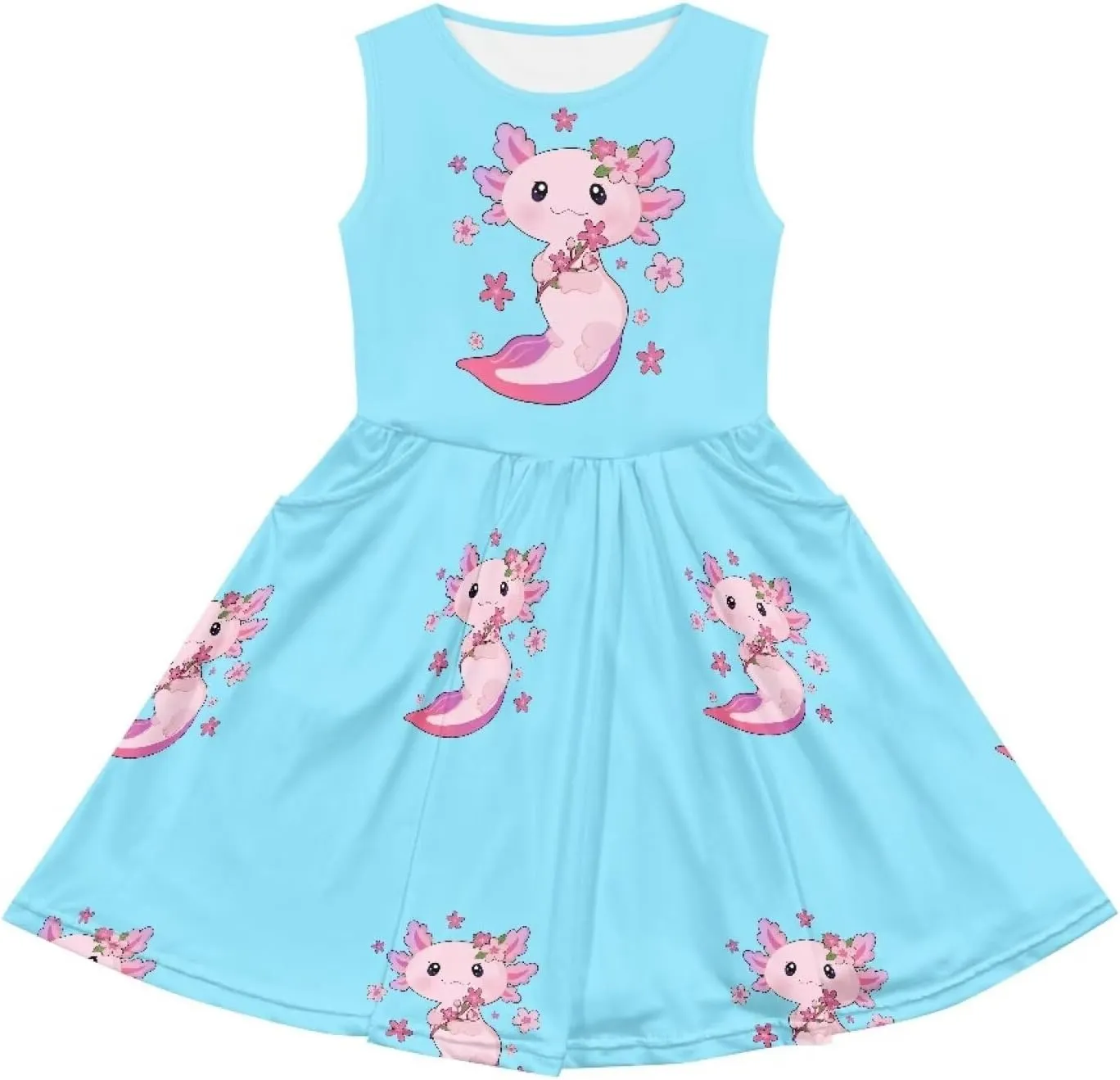 Casual Sleeveless Summer Skater Dress for Girl Loose Swing Cute Print Sundress with Pockets