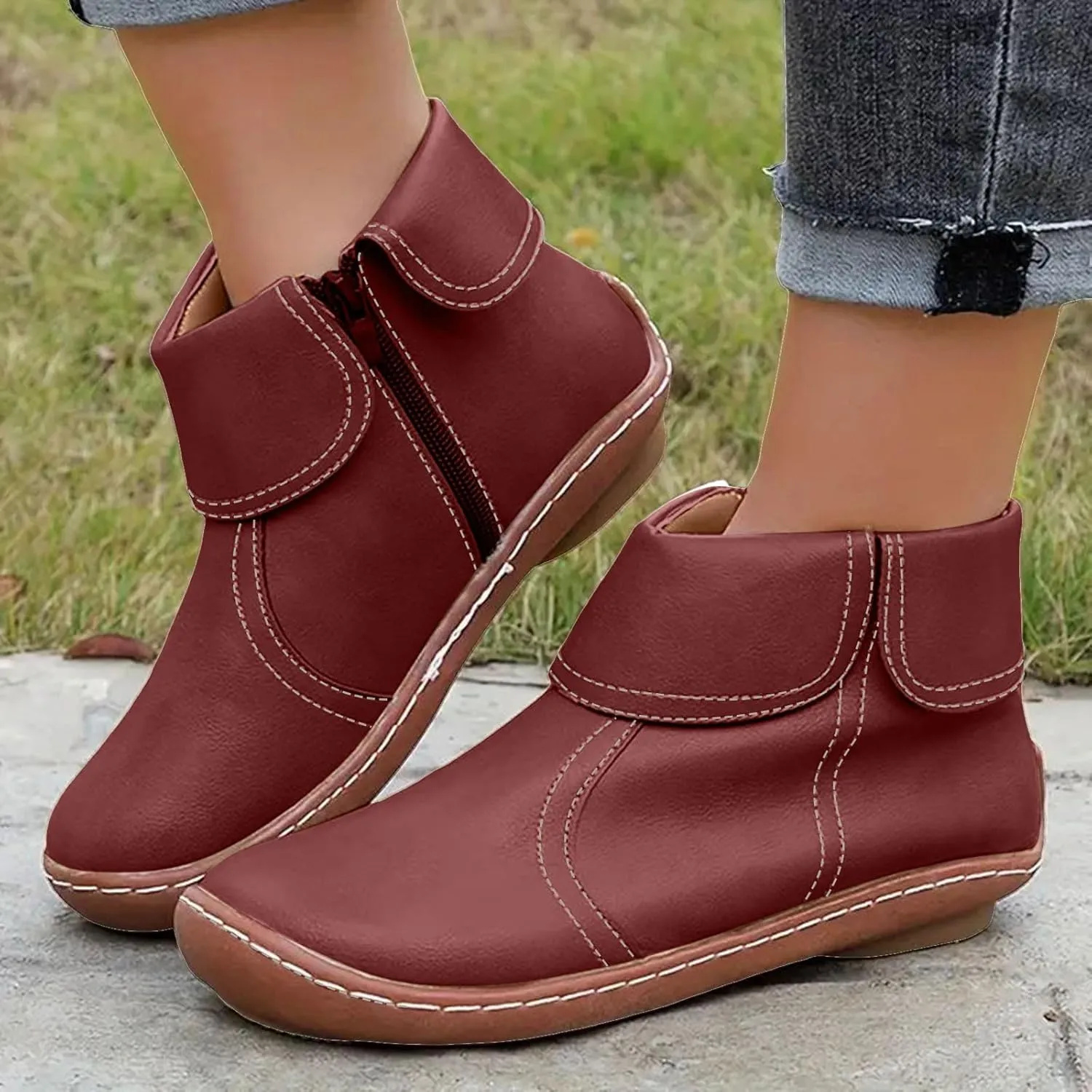 Cathalem Ankle Boots for Women, 2024 New Flat Heel Booties Arch Support Booties Side Zip-up Vintage Leather Damping Shoes