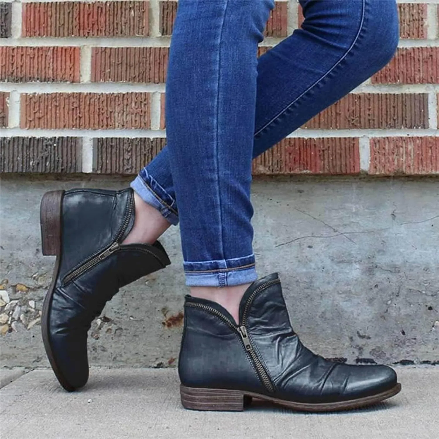 Cathalem Ankle Boots for Women Low Heel Booties Arch Support Boots Lace Up Side Zipper Short Ankle Booties Casual Fall Shoes