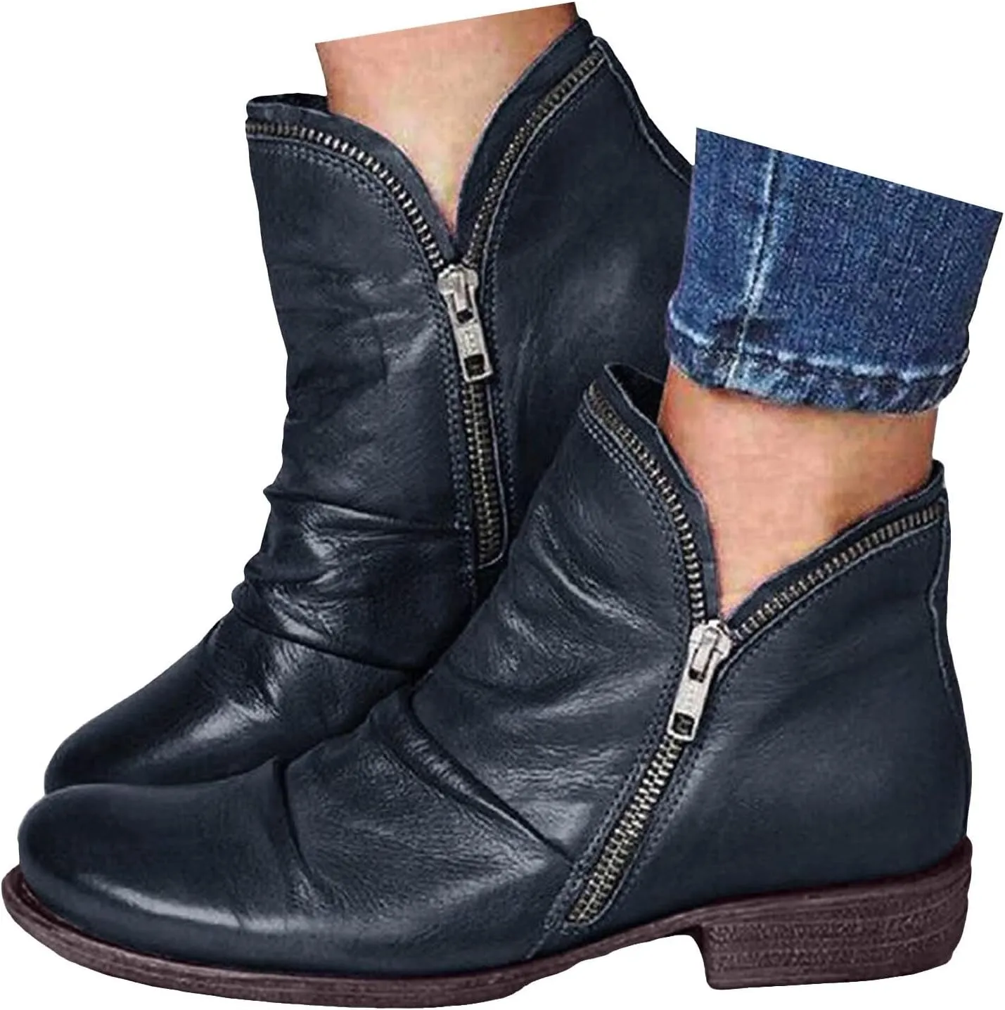 Cathalem Ankle Boots for Women Low Heel Booties Arch Support Boots Lace Up Side Zipper Short Ankle Booties Casual Fall Shoes