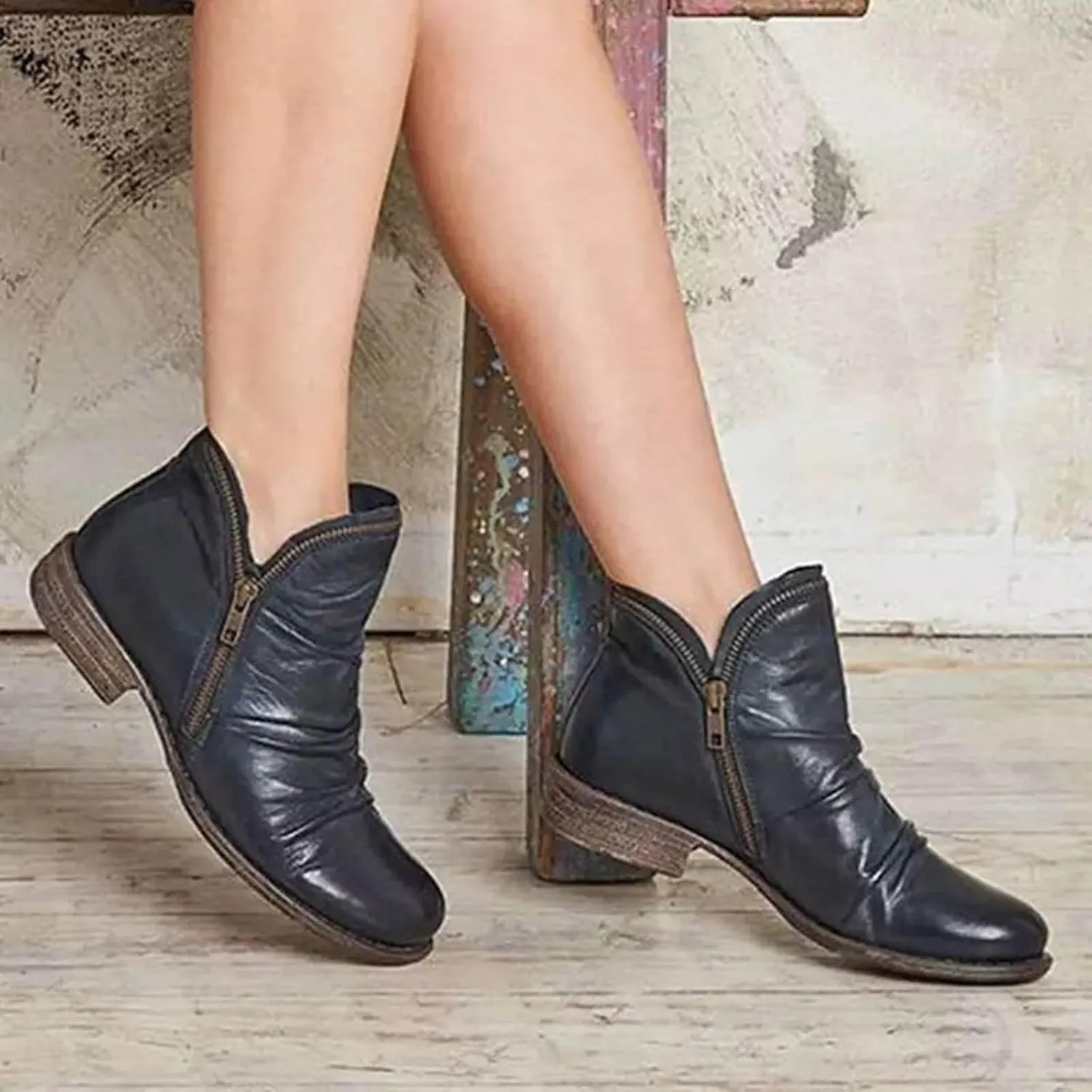 Cathalem Ankle Boots for Women Low Heel Booties Arch Support Boots Lace Up Side Zipper Short Ankle Booties Casual Fall Shoes