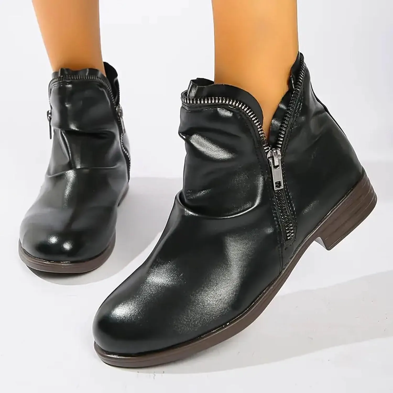 Cathalem Ankle Boots for Women Low Heel Booties Arch Support Boots Lace Up Side Zipper Short Ankle Booties Casual Fall Shoes