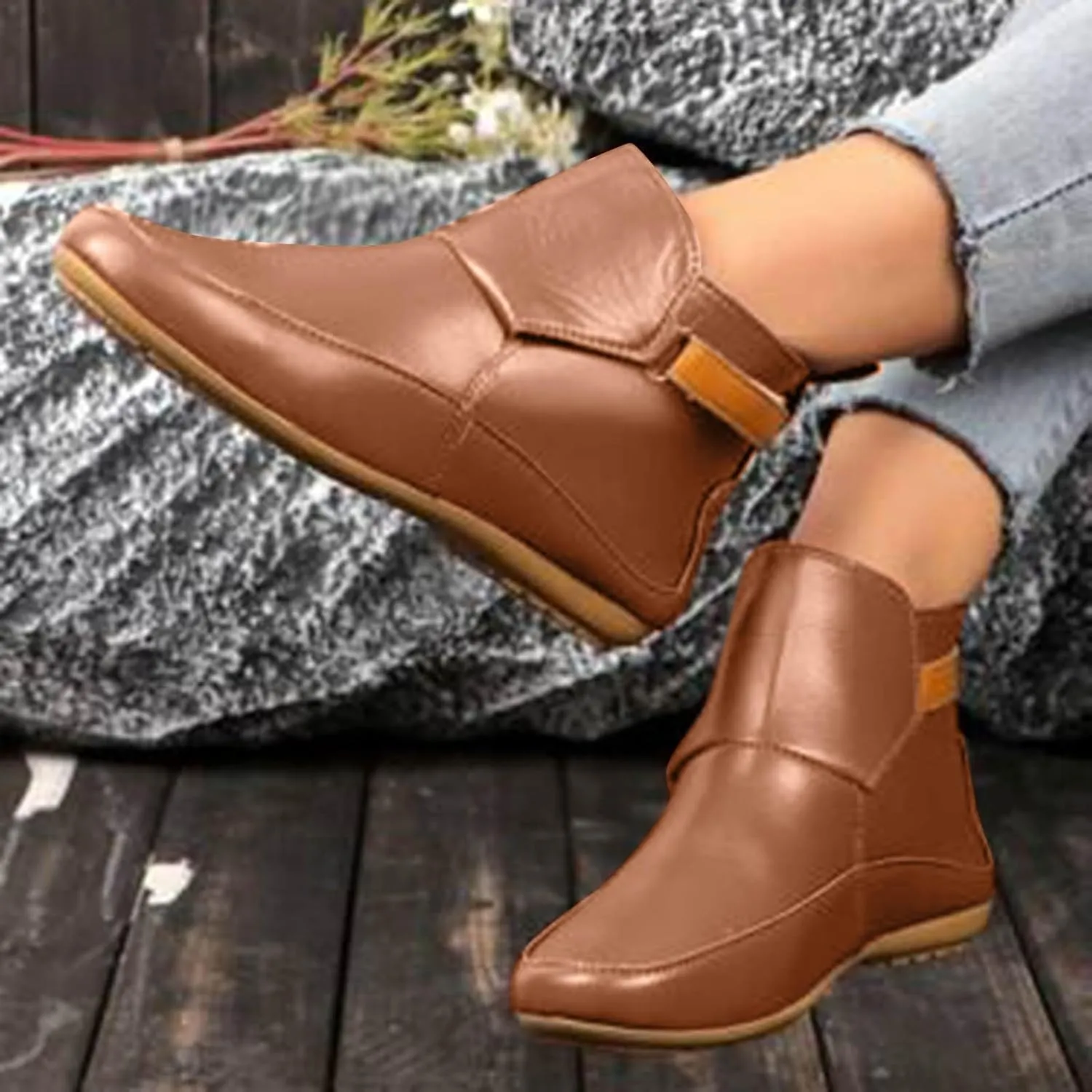 Cathalem Booties for Women 2024,Arch Support Booties Side Zip-up Vintage Leather Damping Shoes Flat Heel Booties